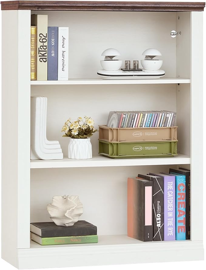 43" White Tall Bookshelf Set of 2,3-Tier Thick Wooden Book Shelf with Adjustable Shelves,Free Standing Farmhouse Bookcase with Open Display Storage,Floor Vintage Bookshelves for Living Room