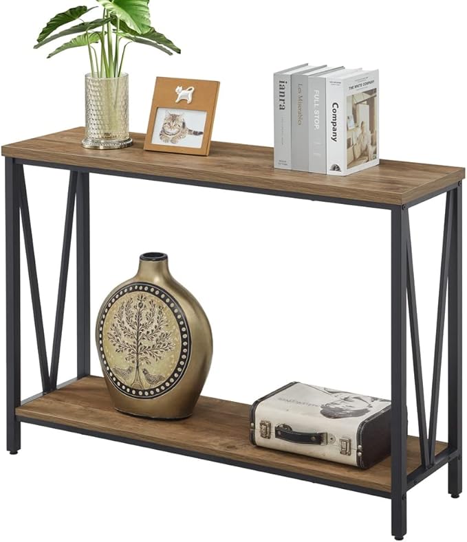 FOLUBAN Rustic Sofa Console Table, 2-Tier Industrial Entryway Hallway Table for Living Room, Oak