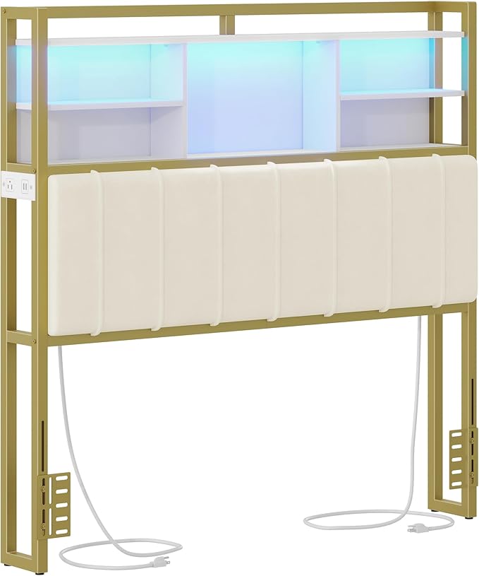 Headboard with 3-Tier Storage Shelves, Velvet Upholstered Head Board with 2 Outlets, USB Ports & LED Light, Soft Backrest for Full Size Bed, White and Gold BH13803A