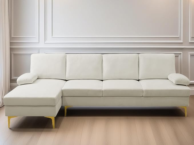 L Shaped Sectional Couch, Modern Modular Sectional Sofa with Chaise, 4 Seat Lounge Comfy L Shaped Couch Set with High Density Memory Foam for Living Room Apartment, White