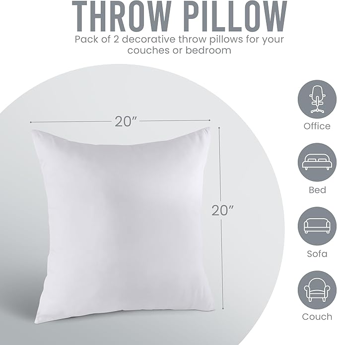 Utopia Bedding Throw Pillows Insert (Pack of 2, White) - 20 x 20 Inches Bed and Couch Pillows - Indoor Decorative Pillow