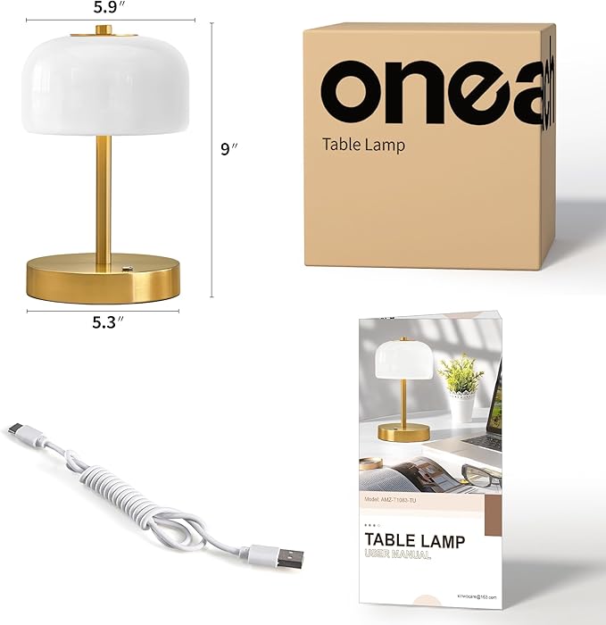 Oneach 9" Cordless Table Lamps Set of 2, Gold Rechargeable Battery Operated Lamp, 3-Way Stepless Dimming Touch Mushroom Lamps, Small Glass Nightlight for Bedroom Dining Table Living Room Shelf Decor