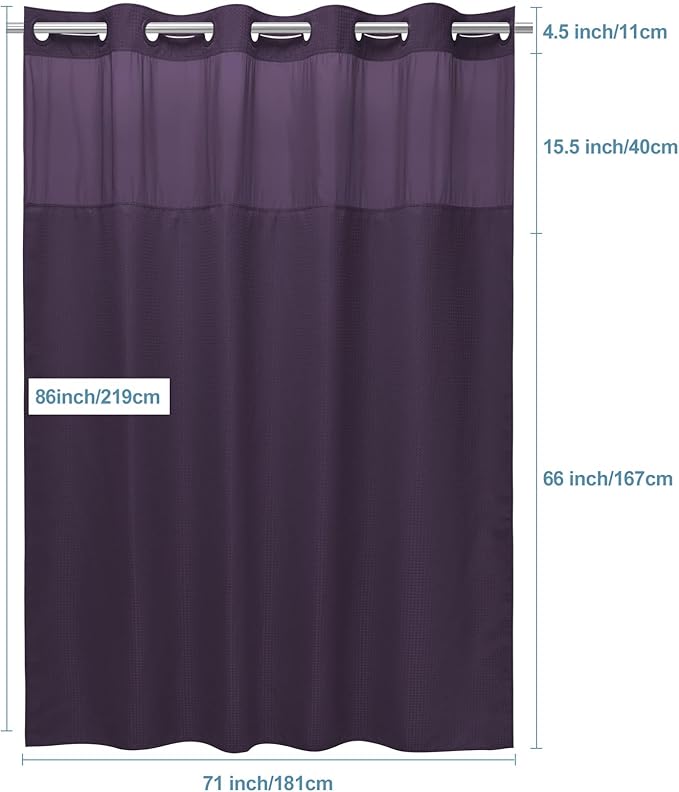 Purple Long Hotel Style Shower Curtain with Snap in Liner - 230GSM Waffle Textured,Hotel Grade,Spa Like Bath Curtain,71W x 86H