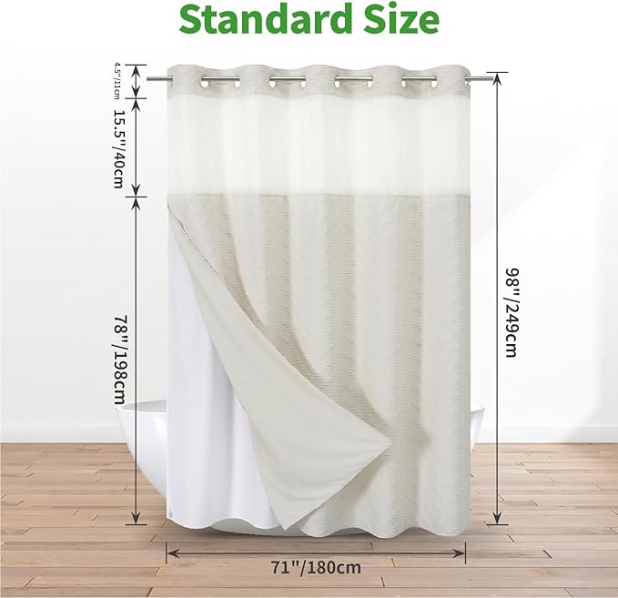 Extra Long No Hook Tufted Chevron Striped Shower Curtain with Snap-in Fabric Liner set-71Wx98H(96H),Tall Hotel Grade Boho Style Shower Curtain,Water Repellent,Cream