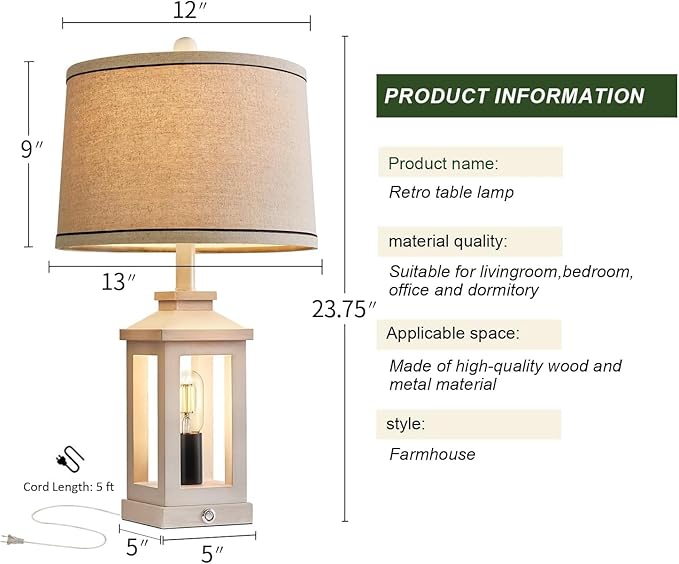 23.75" Retro Farmhouse USB C+A Ports Table Lamp with 3 Way Dimmable Touch Control White Nightlight Vintage Modern Lamp for Living Room Bedroom with 2 Light Sources