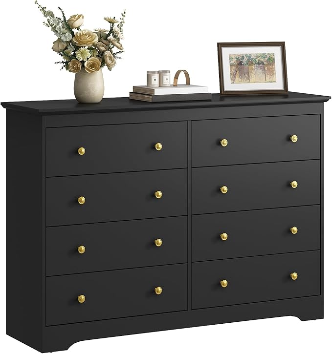 LYNSOM Modern 8 Drawer Dresser, 55.1" Wide Dressers & Chests of Drawers with Large Capacity Storage, Mid Century Black Dresser for Bedroom, Hallway, Black