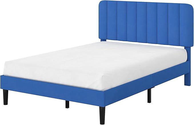 VECELO Full Size Bed Frame with Upholstered Headboard, Velvet Platform Bedframe Mattress Foundation, Strong Wood Slat Support, No Box Spring Needed,Blue