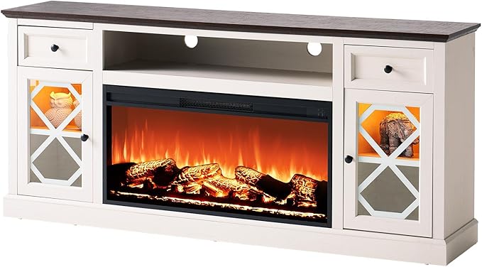 AMERLIFE Farmhouse Fireplace TV Stand with 37" Electric Fireplace for 80 Inch TVs, Large LED Media Entertainment Center with Drawers, 31" Tall Highboy TV Console Cabinet with Door, Living Room, White
