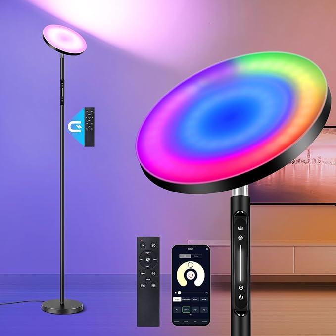 OUTON Smart RGB Floor Lamp, 36W LED Modern Torchiere Sky Lamp, Super Bright Stepless Dimmable Standing Tall Lamp with APP, Remote and Touch Control, LED Lamps for Living Room Bedroom,Gaming Room