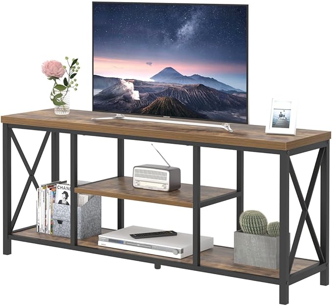 EXCEFUR 55 Inch TV Stand for Televisions up to 65 Inch, Modern Entertainment Center with Storage Shelves, Industrial Media TV Console for Living Room, Bedroom, Rustic Brown