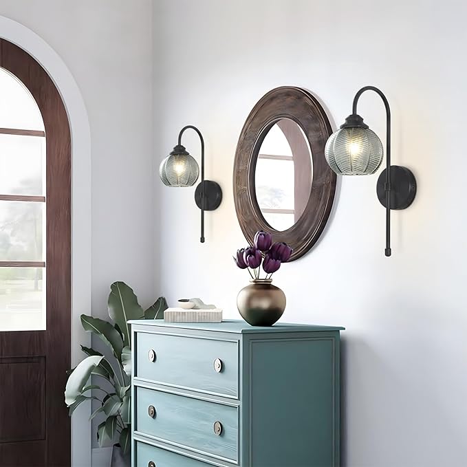 KCO Lighting Smoked Glass Wall Light Large Black Globe Wall Sconce Mid Century Modern Bathroom Vanity Light Fixture Black Long Wall Sconce Farmhouse Hardwire Wall Sconce