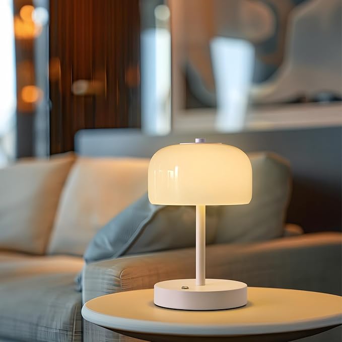PORTRES Cordless Table Lamp Rechargeable Battery Operated Mushroom lamp Opal Glass Shade 3 Way Dimmable LED Touch Outdoor Lamp for Camping Bedroom Dining Living Room Beside Patio Restaurant,White