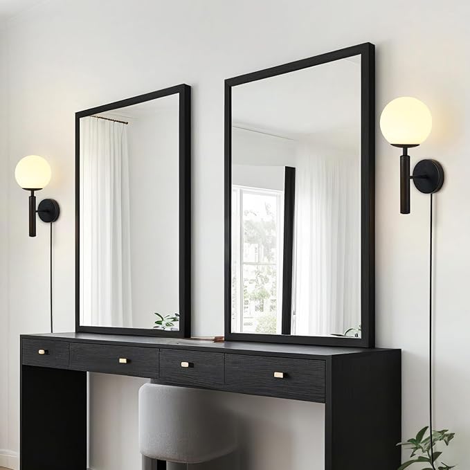 KCO Lighting Plug in Wall Sconce Light Black Vintage Industrial Wall Light White Glass Shade Bedside Wall Lamp for Bedroom Stairs Hallway(Black Plug in)