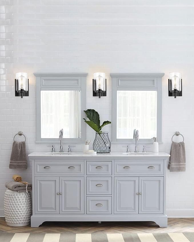3 Pack Bath Vanity Light Fixtures Wall Sconce, Modern Indoor Bathroom Wall Lights with Seeded Glass, Black Wall Light Fixtures for Bedroom Mirror Kitchen Living Room Entryway Patio