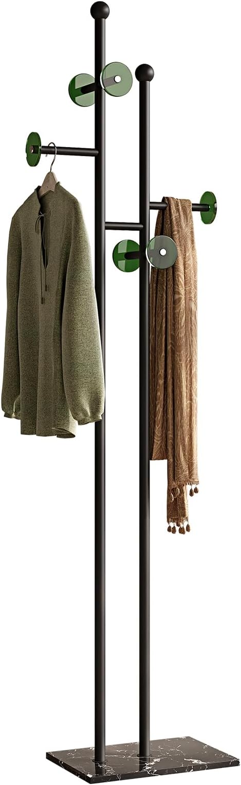 Standing Coat Rack with Marble Base & Round Acrylic Hooks Heavy Duty Clothes Hanger Rack Metal Coat Tree freestanding Hat Rack Stand for Clothes Hats Scarfs Purses