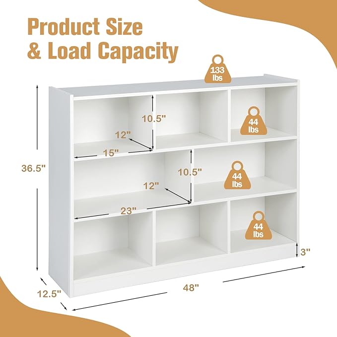 NAFORT 8-Cube Organizer Storage Cabinet, 3-Tier Bookshelf,Low Displaycase, Wooden Bookcase for Bedroom/Preschook/Classroom/Office, White