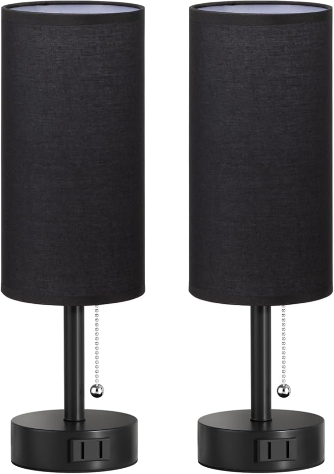 Black Bedside Table Lamps Set of 2-3 Color Temperatures Pull Chain Lamp with AC Outlet Charging Port, Round Night Stand Lamps for Bedroom Office, Small Bed Side Light with E26 LED Bulbs