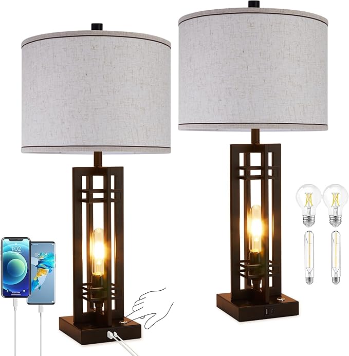 27" Touch Control Farmhouse Table Lamps, Set of 2 Tall Rustic Table Lamps 2-Light Design with USB A+C Ports, Bedside Lamps with Cream Shade for Living Room Home Office, 4 LED Bulbs Included