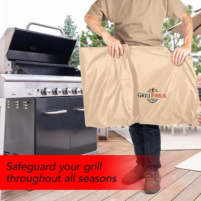 GrillTough Heavy Duty BBQ Grill Cover for Outdoor Grill, 60 Inch – Waterproof, Weather Resistant, UV & Fade Resistant with Adjustable Straps – Gas Grill Cover for Weber, Genesis, Charbroil, etc. Tan
