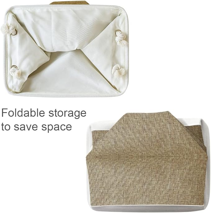 TheWarmHome Storage Basket for Organizing - 14x10x7 inch Medium 3 Pack Collapsible Storage Bin for Shelves with Handles, Canves Storage Box for Organizer Cubes Cloth Gift Toy Closet (White & Khaki)