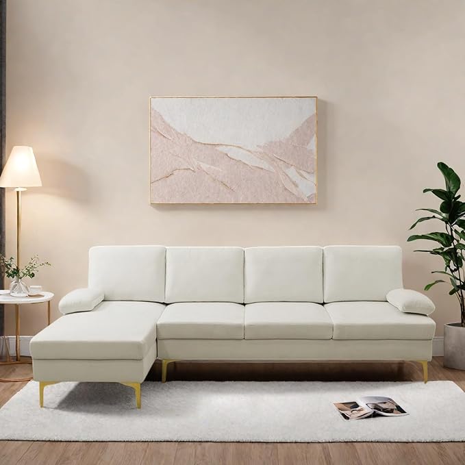 L Shape Sofa with Chaise, 4 Seat Living Room Sofa Set with Golden Wooden Leg, Sectional Couch with Fluffy Fabric, for Living Room, Apartment, Off-White