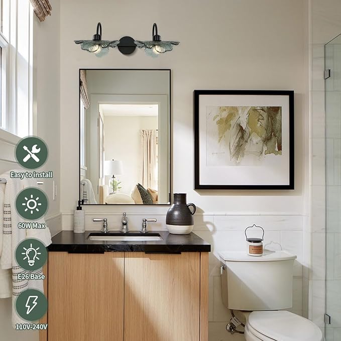 Black Wall Sconce 2 Light Bathroom Vanity Light Over Mirror, Modern Wall Light Fixture with Dark Glass Shade mid Century Wall Sconce Bedroom Wall sconces for Bedroom Hallway Living Room