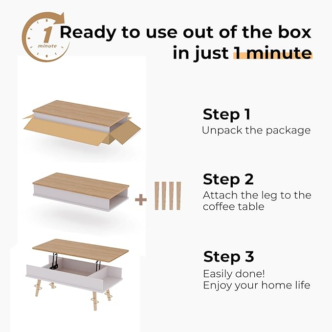 Lift Top Coffee Table, One Minute No Assembly Required Rising Tabletop Center Table with Large Hidden Storage Compartment, Open Shelf, Anti-Pinch Design Mute for Living Room (Oak)