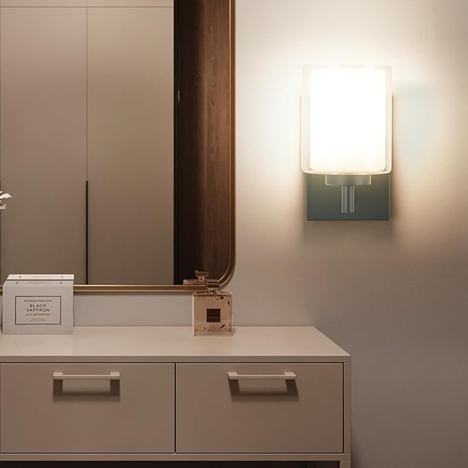 Battery Operated Wall Sconce Set Of 2, 10000mAh Wireless Rechargeable Wall Sconce With Remote Control, RGB Dimmable Bathroom Light Fixtures With Double Clear Glass Shade For Mirror Bedroom Living Room