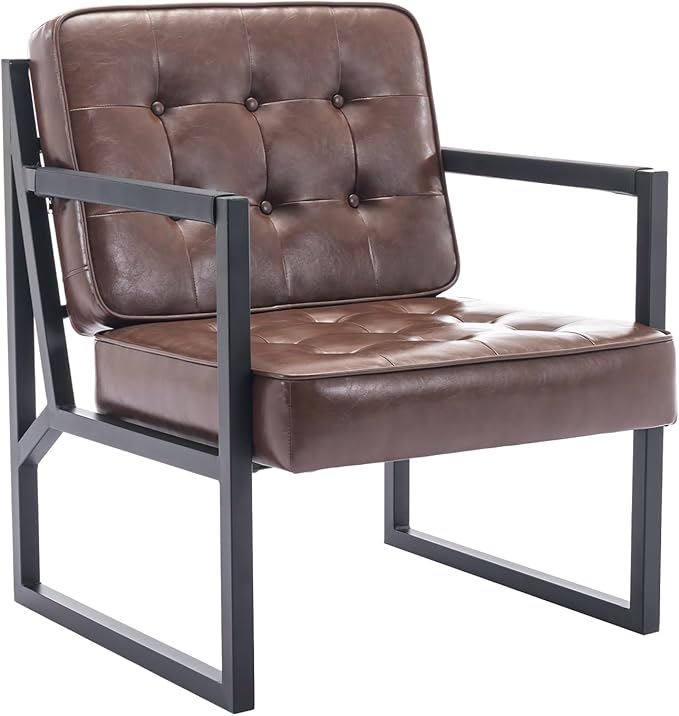 COLAMY Mid Century Modern Accent Chair, Comfy Living Room Chairs, Brown Leather Accent Chair, Faux Leather Reception Armchair with Metal Legs for Living Room Bedroom Reception Waiting Room, Brown