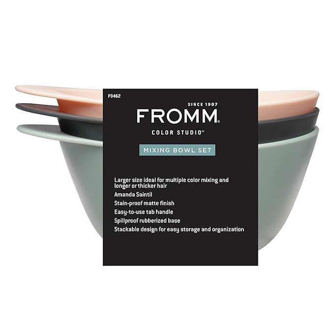 Fromm Color Studio Large Mixing Bowls for Hair Dye, Bleach, Coloring, and Treatments with Spill Proof Rubberized Base, 16 oz, 3 Pack