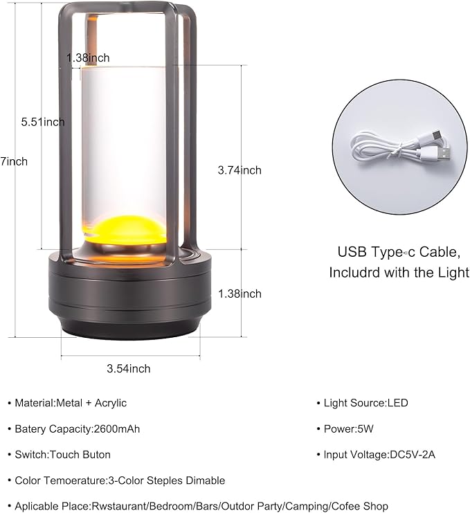 Portable Metal Table Lamp for Indoor/Outdoor ,Rechargeable Cordless LED Lamp, 3-Colour Infinitely Dimming Battery Powered Small Desk Lamp, Restaurant/Bedroom/Bar/Coffee Shop/Camping Light (Grey)