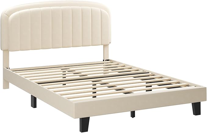 Cozy Castle Full Size Bed Frame, Upholstered Platform Bed with Velvet Adjustable Curved Headboard, Mattress Foundation with Strong Wooden Slats, No Box Spring Needed, Easy Assembly, Cream