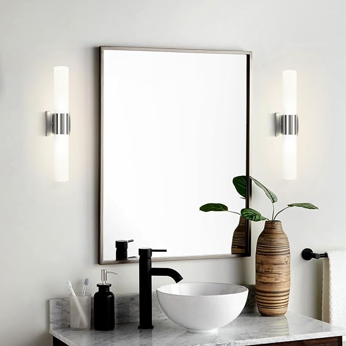 Bathroom Wall Sconces Set of Two, 21 Inch Modern Vanity Lights with Frosted Glass Shade, Bathrooms Vanity Lighting Fixtures for Mirror Bedroom Living Room Hallway (Silver)