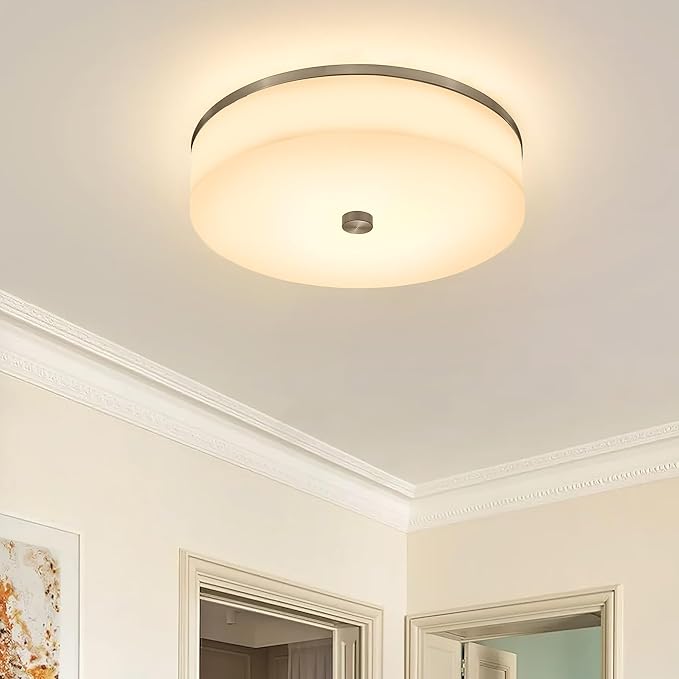 LMS Modern Flush Mount Ceiling Light, 16" Large Light Fixtures Ceiling in Brushed Nickel, 2- Light Flush Mount Light Fixture with Drum White Acrylic Shade, Dimmable, LMS-030
