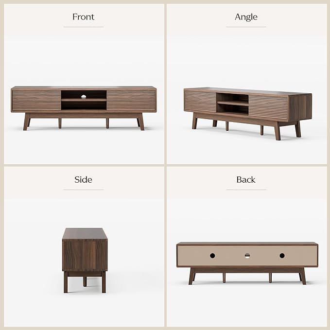 TV Console, Mid Century Modern Media Console for 55/60/65 Inch TV, Low Profile TV Stand with Fluted Sliding Doors, Boho Light Wood Credenza for Living Room (Walnut, 59")