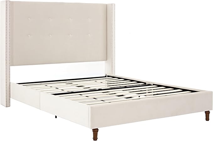 GDFStudio Tall Headboard Upholstered Bed,King Size Platform Bed Frame with Headboard Nailhead Trim Wingback,54" High No Box Spring Needed Easy Assembly Traditional Hand Buttoned Tufting Ivory Velvet