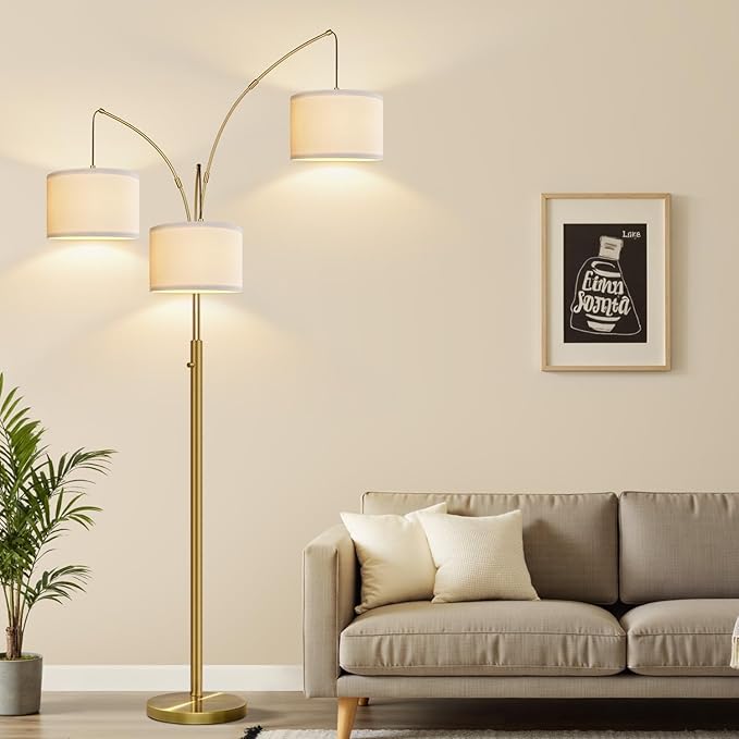Nintiue Dimmable Floor Lamp - 3 Lights Brass Arc Floor Lamps for Living Room, 1000LM Modern Tall Standing Lamp with Linen Shades, Mid Century Tree Floor Lamp for Bedroom Office, 3 LED Bulbs Included