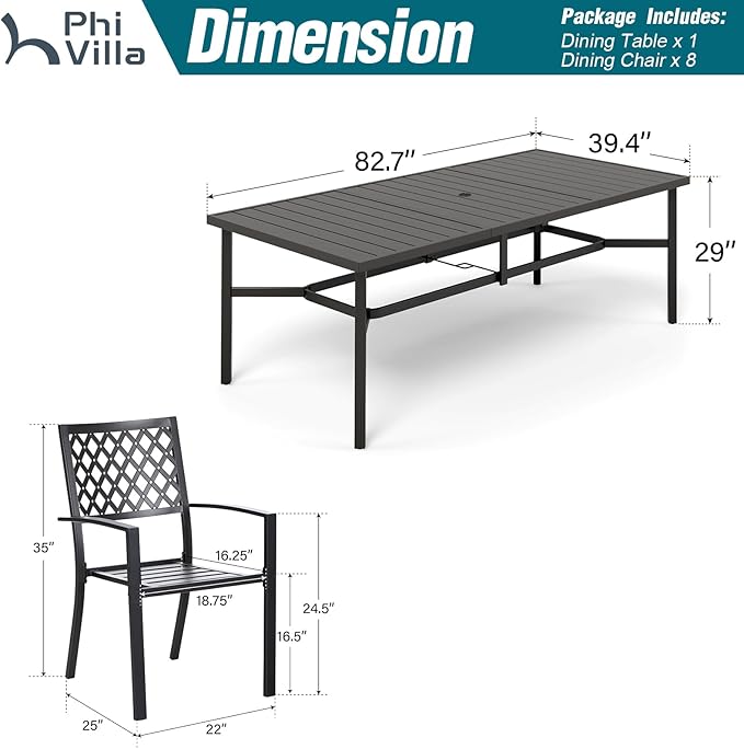 PHI VILLA 9 Pieces Outdoor Dining Set for 8, Rectangular Metal Table with Umbrella Hole & Stackable Wrought Iron Chairs, Large Dining Furniture for Patio, Deck, Yard, Porch