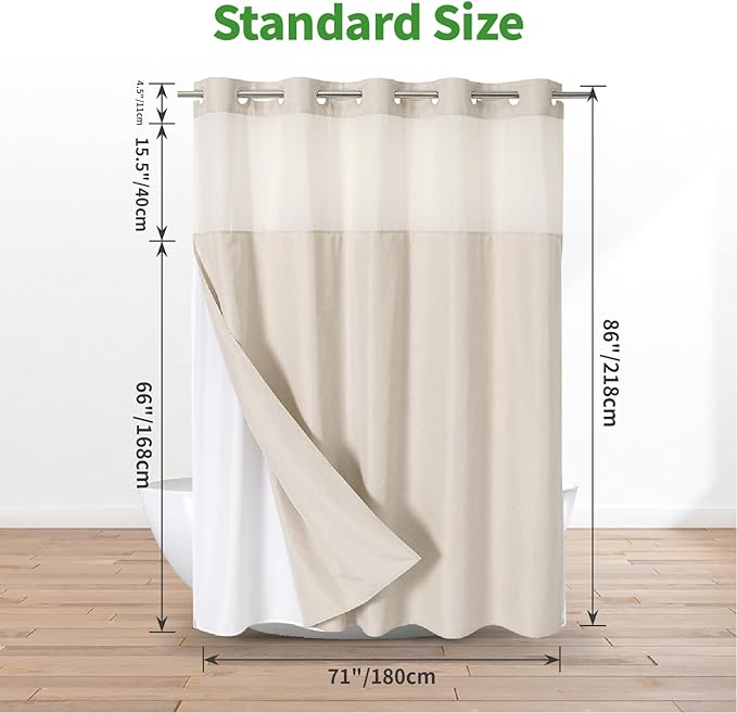 Extra Long No Hooks Needed Linen Textured Shower Curtain with Snap-in Fabric Liner Set,Cream Hotel Luxury Decor Shower Curtains for Bathroom,Waterproof & Washable,71Wx86H