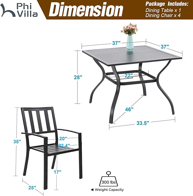 PHI VILLA 5 Piece Outdoor Dining Table Set for 4, 37” Square Metal Dining Table with Umbrella Hole & Stackable Steel Chairs for Patio, Deck, Yard