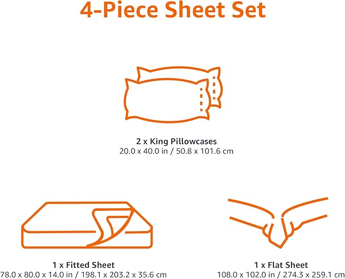 Amazon Basics Luxury, Ultra Soft, Breathable Lightweight Microfiber 4 Piece Bed Sheet Set with 14-Inch Deep Pockets, King, Bright White, Solid