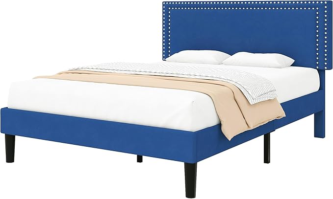 VECELO Full Size Bed Frame with Adjustable Upholstered Headboard, Wooden Slats Platform, Noise-Free Design, Easy Assembly