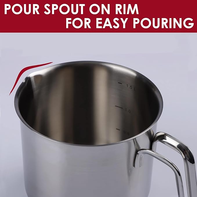 Stainless Steel Saucepan with Glass Lid, Multipurpose 1.5 Quart Sauce pan Sauce Pot with Straining Cover & Pour Spouts for Boiling Milk, Sauce, Gravies, Pasta, Noodles