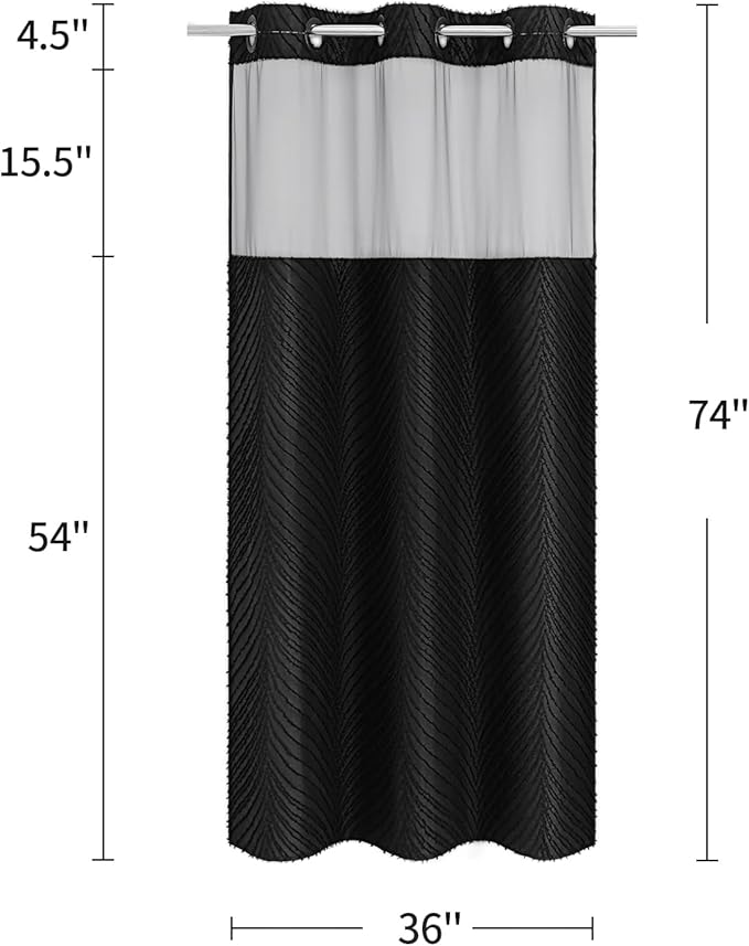 Black Boho Small Stall Shower Curtain 36 x 74, No Hook Half Size Narrow Modern Fabric Shower Curtain with Snap in Liner, Hotel Style with See Through Top Window