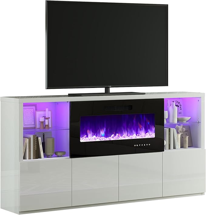 Modern Fireplace TV Stand for TVs up to 75", High Gloss Entertainment Center with 40" Fireplace, 4 Shelves & Storage Cabinets, Media Console Table 68 Inches, Gloss White