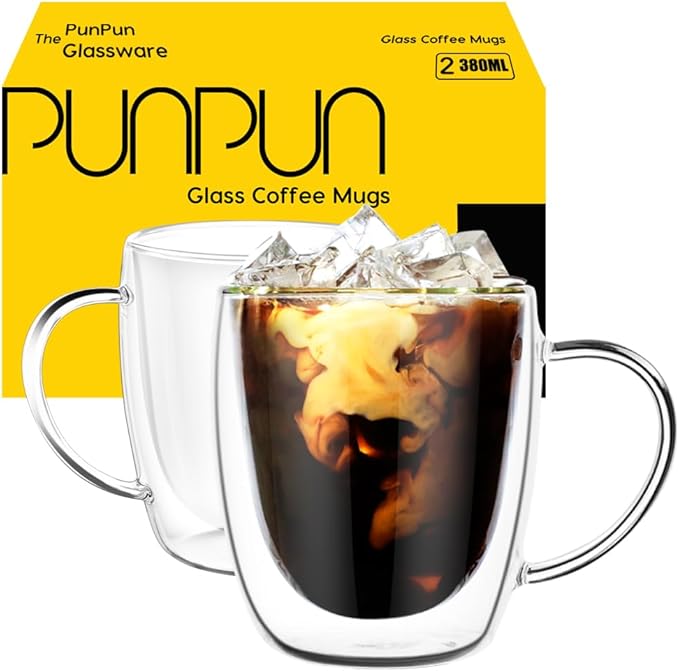 PunPun Coffee Cups Clear12.9OZ. 380ml Coffee Mugs, Espresso Cups,Double Wall Milk Cup with Big Handle,Perfect Mug for Hot Beverages, Latte, Cappuccinos Set of 2