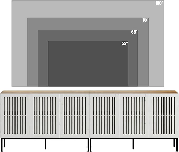 Farmhouse TV Stand for 100 Inch TVs, 2-in-1 Entertainment Center with Storage Cabinets & Metal Base, Antique White Media Console for Living Room