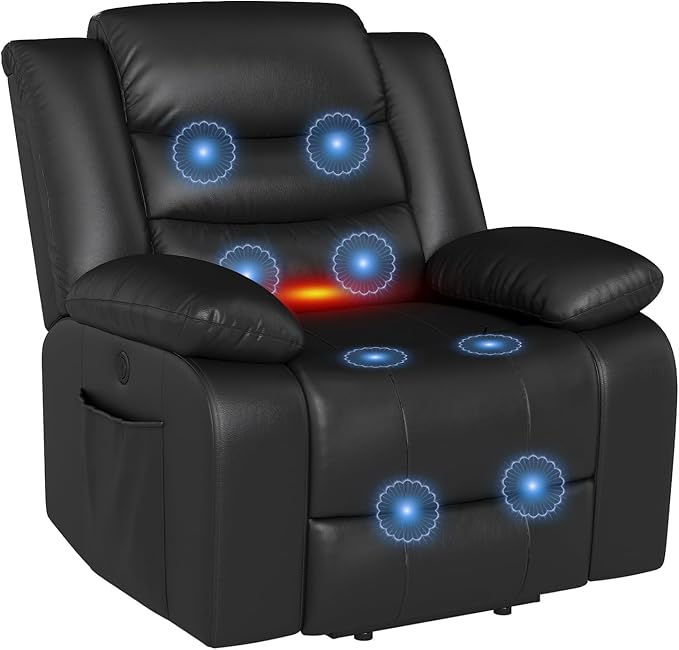 ANJ Power Lift Recliner Chair with Massage and Heat, PU Leather Overstuffed Electric Lift Chair for Elderly, Oversized Single Sofa Recliner with Side Pockets, Remote Control(Black)