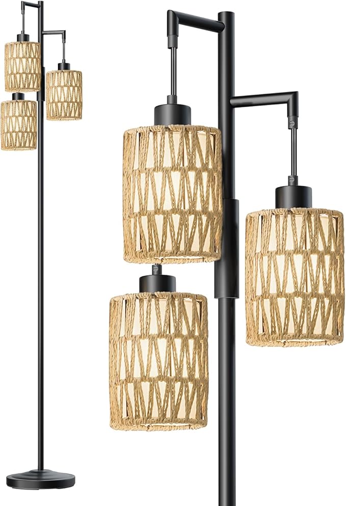 Oneach 70" Floor Lamps for Living Room, Stepless Dimmable Boho Floor Lamp with 3 Bulbs, Tall Farmhouse Industrial Corner Standing Tree Lamp for Bedroom, Office, Study Room, Rattan with Linen Shade