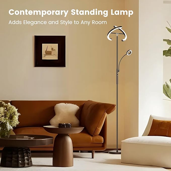 Upgraded 2-in-1 LED Floor Lamp - Dimmable Mother-Daughter Standing Lamp with Remote&Touch Control, 29W Bright Floor Reading Light, Black Modern Standing Light for Living Room Bedroom Office